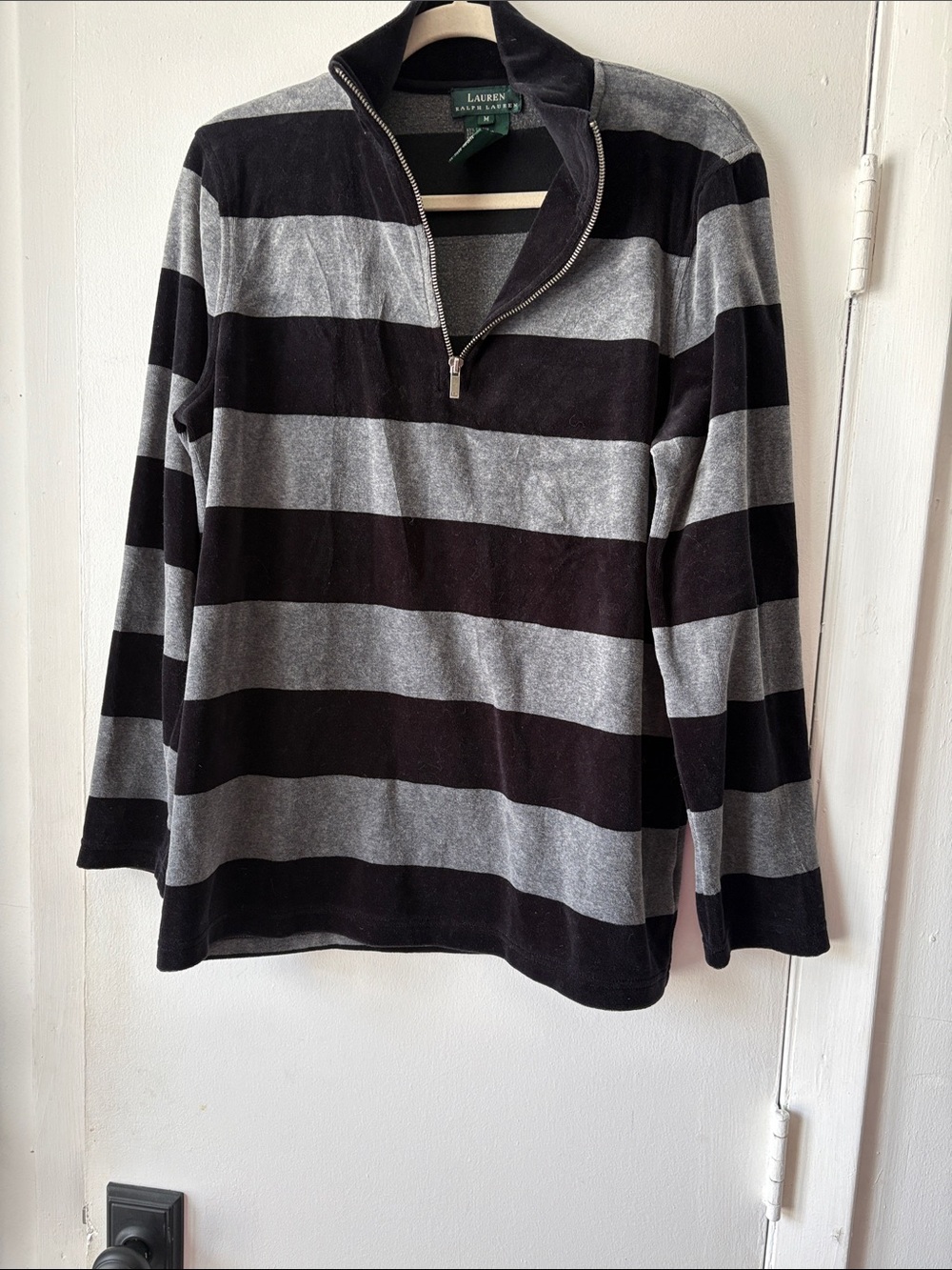 Lauren Ralph Lauren Black and Gray Striped Half-Zip Sweater